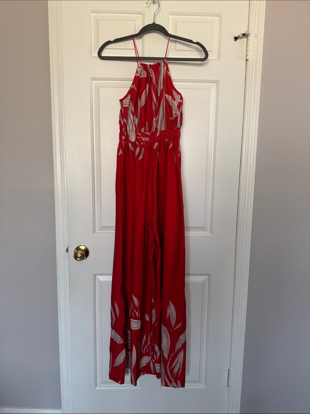 SHEIN Red Halter Maxi with White Leaf Print